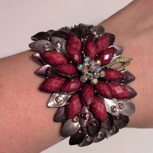 Statement Floral Necklace Stamped SDLZ – Burgundy & Smoky Purple Faceted Beads